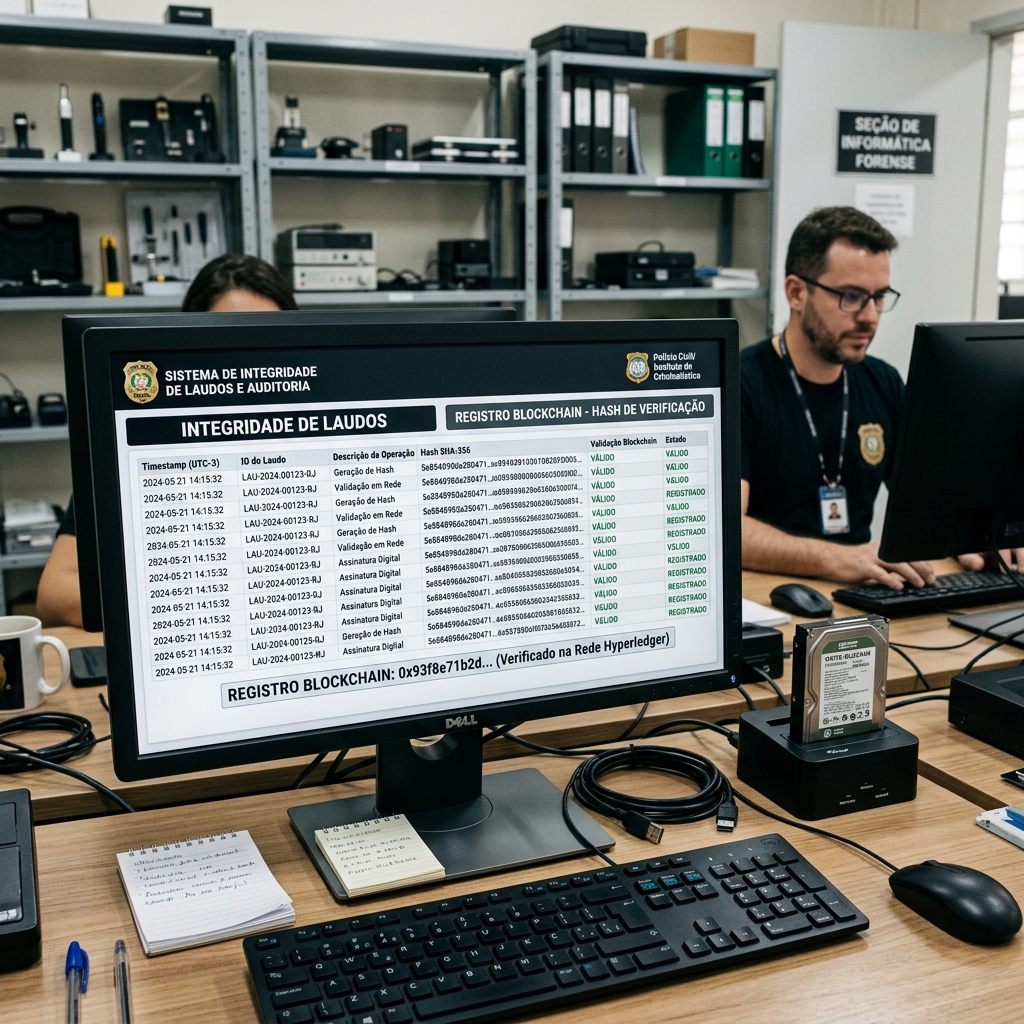 Cadeia de Custódia Digital e Blockchain: Como a Inovação Garante a Integridade de Laudos 2 Perito em setup profissional de escritório corporativo organizando arquivos em plataforma segura criptografada em nuvem