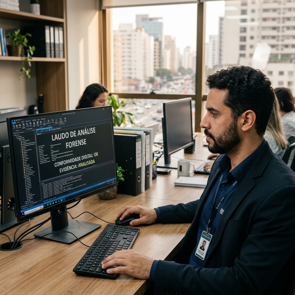 Perito forense de computação brasileiro de 35 anos analisando software e relatórios com texto em português 