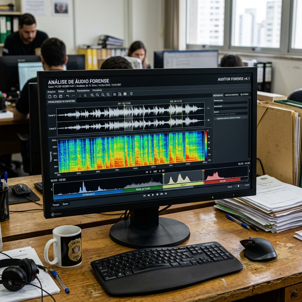 Perito digital analisando espectrogramas de áudio e dados biométricos faciais em tela profissional de alta tecnologia com gráficos tridimensionais