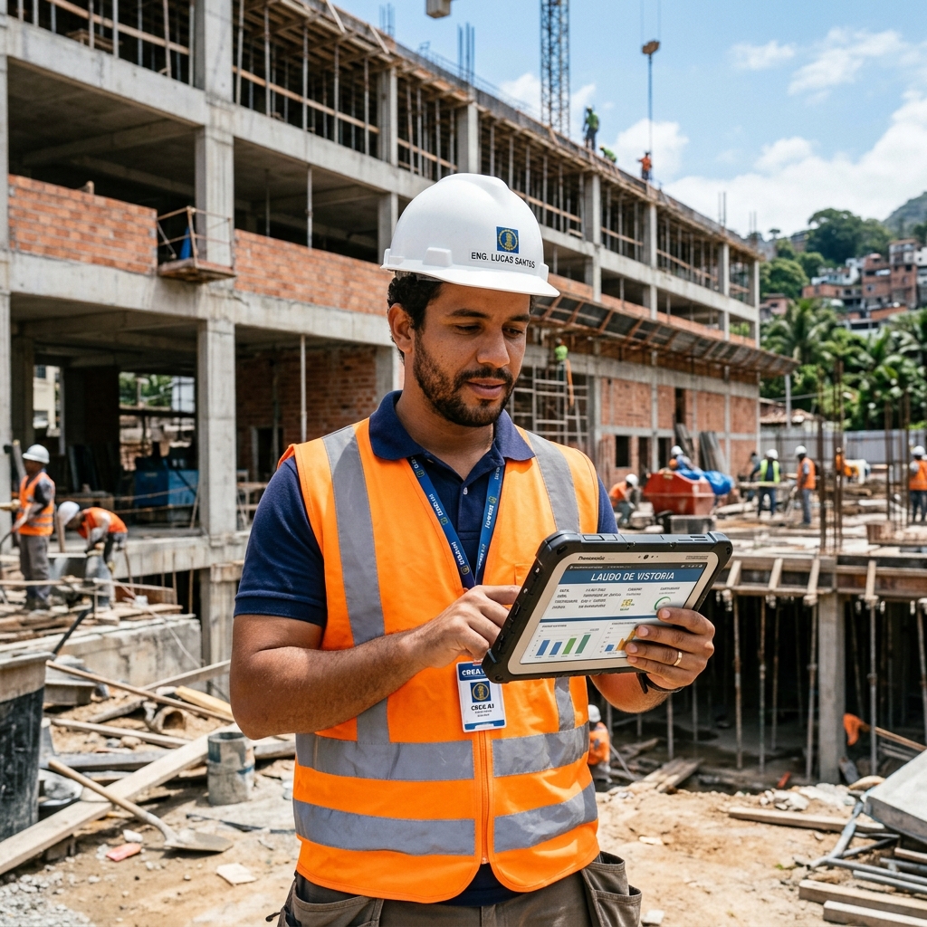 Engenheiro pericial registrando evidências físicas em tablet robusto com gráficos de hashing e conexões criptográficas blockchain