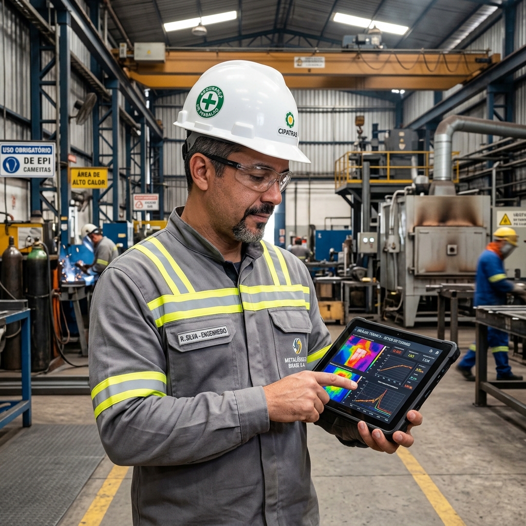 Perito engenheiro de segurança do trabalho brasileiro analisando dados em tablet em fábrica moderna no Brasil.