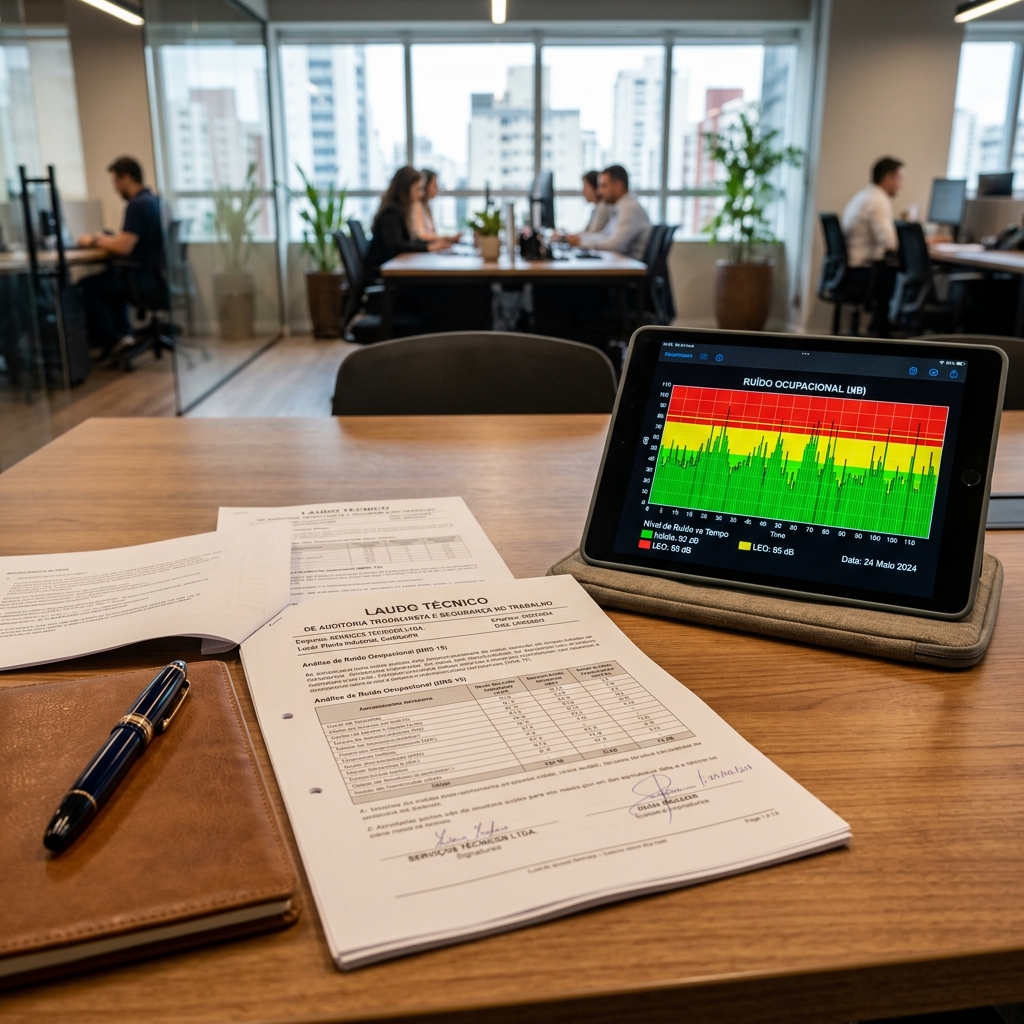 A Nova Era da Insalubridade em 2026: Fim do Segredo dos Laudos e Queda da Idade Mínima na Aposentadoria Especial 1 Mesa de escritório corporativa com documentos de Laudo Técnico e tablet exibindo gráficos de decibéis para perícia de insalubridade no Brasil.