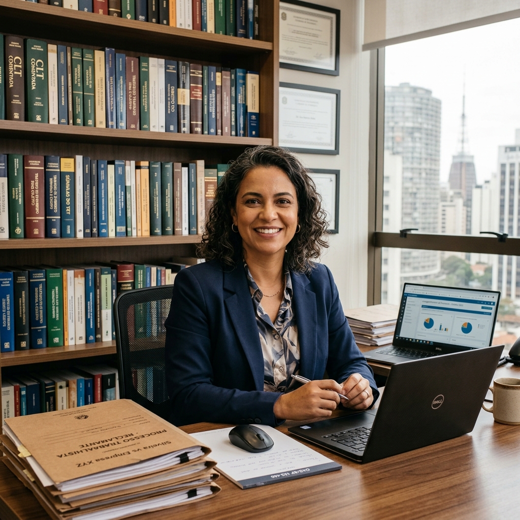 A Nova Era da Insalubridade em 2026: Fim do Segredo dos Laudos e Queda da Idade Mínima na Aposentadoria Especial 2 Advogada trabalhista brasileira sênior analisando documentos em seu escritório em São Paulo com estante jurídica ao fundo.
