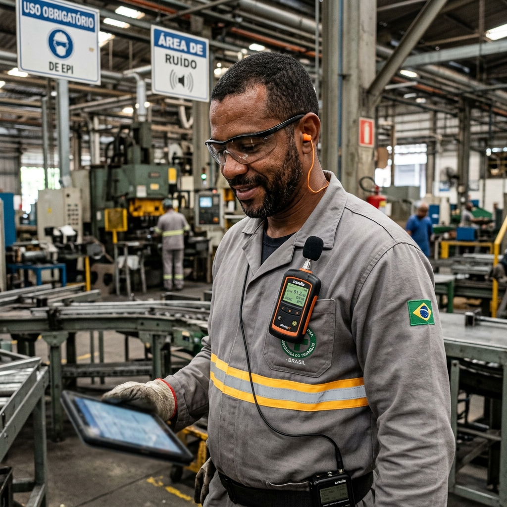 A Nova Era da Insalubridade em 2026: Fim do Segredo dos Laudos e Queda da Idade Mínima na Aposentadoria Especial 3 Técnico de higiene ocupacional utilizando um dosímetro de ruído na lapela de seu uniforme cinza em ambiente industrial brasileiro.