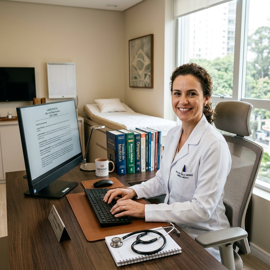 Sisperjud em 2026: A Consolidação do Sistema de Perícias Judiciais e o Novo Fluxo de Laudos e Honorários no Brasil 3 Perita médica digitando o laudo pericial previdenciário no consultório