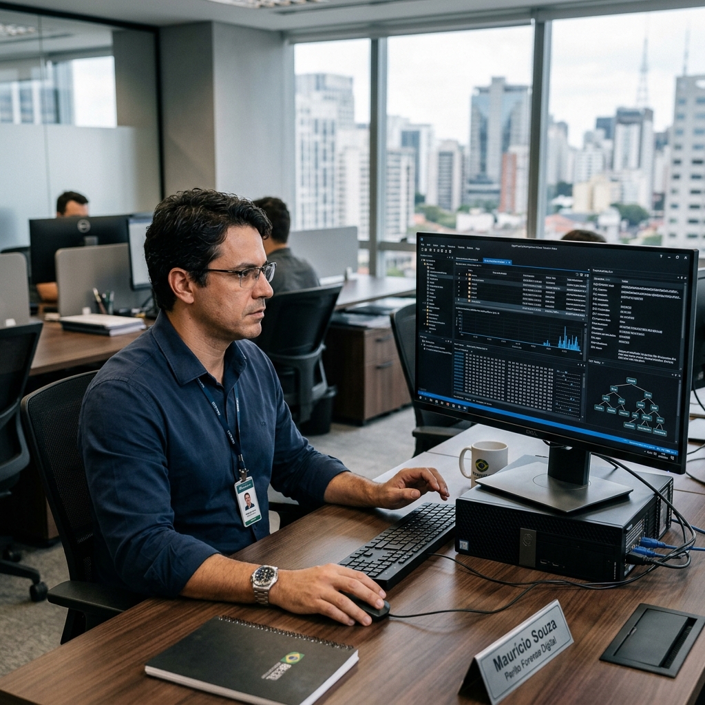 A Validade de Provas Digitais de WhatsApp nos Tribunais Brasileiros em 2026 1 Perito em computação forense em laboratório analisando metadados e código hash de evidências digitais em tela profissional