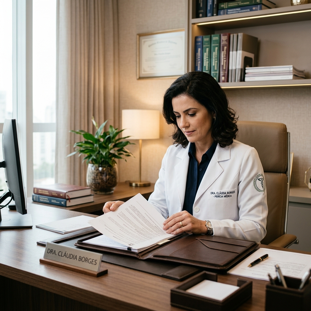 Médica perita sênior brasileira analisando relatórios de exames em seu consultório fotorrealista premium.