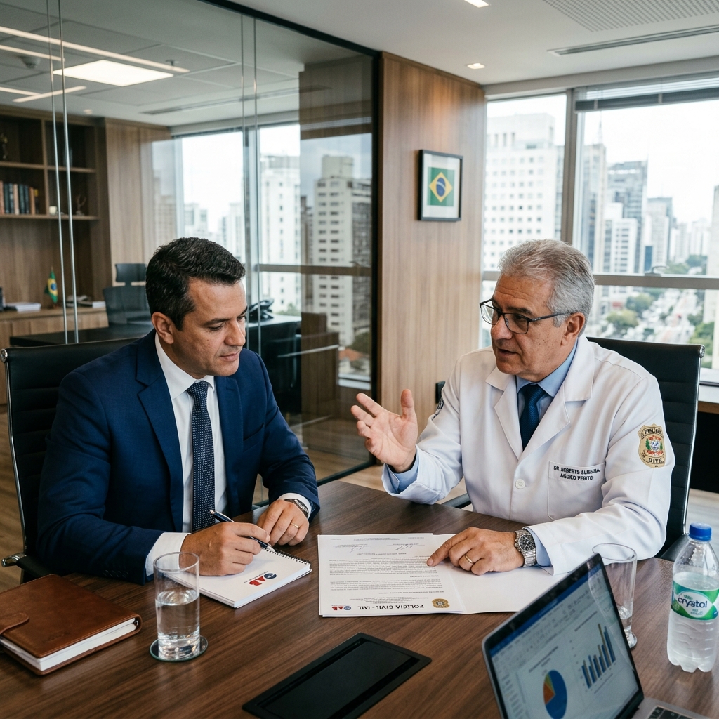 Perícia Médica Judicial em 2026: Guia Completo das Novas Resoluções do CFM, Teleperícia e a Consolidação do Sisperjud 2 Médico perito e advogado em reunião técnica analisando dados periciais em conformidade legal