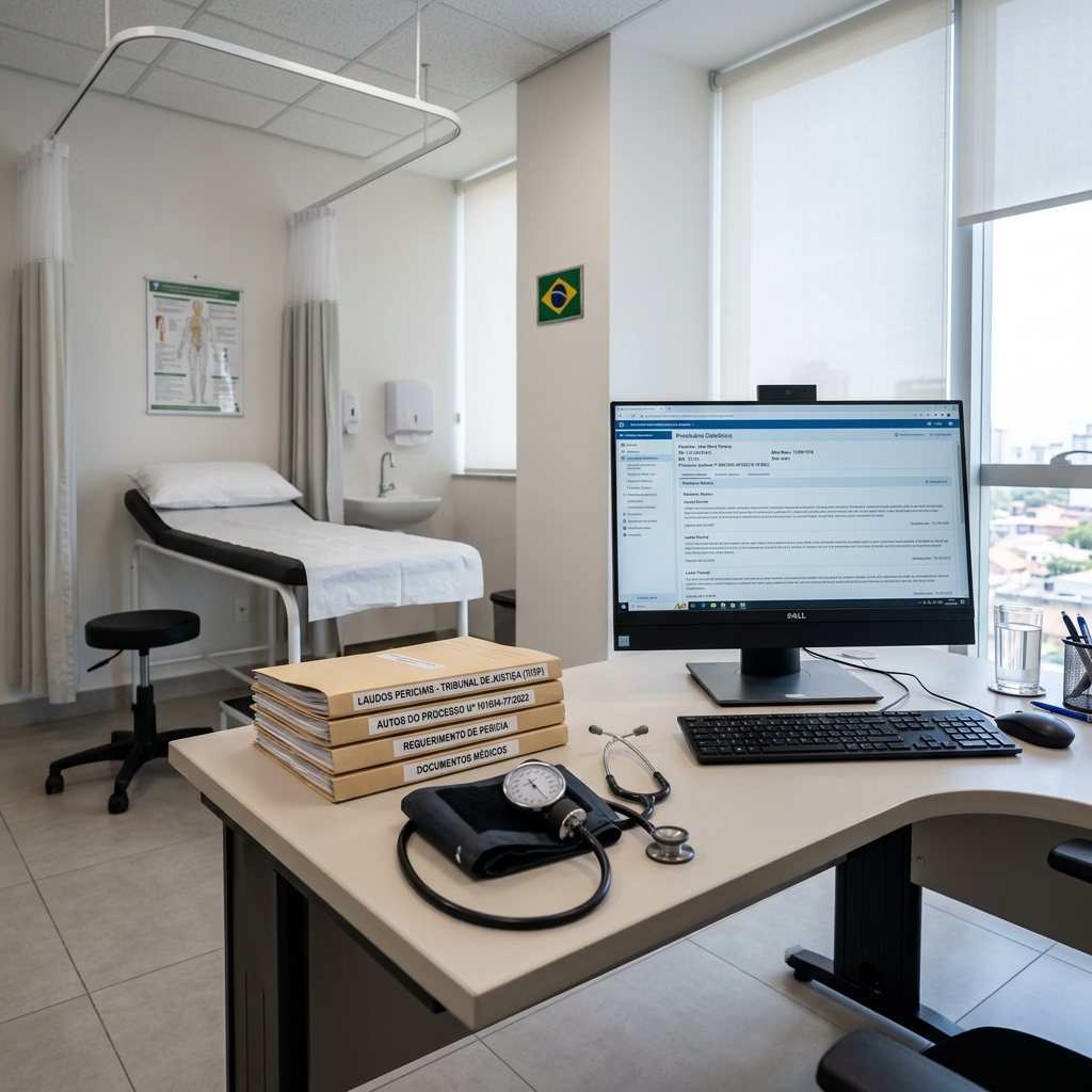 Perícia Médica Judicial em 2026: Guia Completo das Novas Resoluções do CFM, Teleperícia e a Consolidação do Sisperjud 3 Consultório médico de perícia judicial vazio com prontuário digital e maca de exames