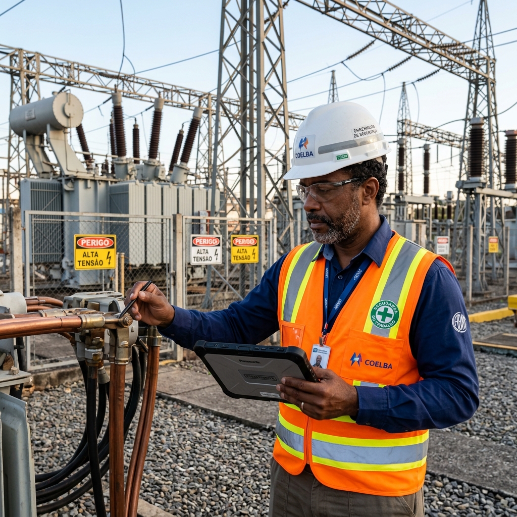 Perito engenheiro de segurança do trabalho brasileiro analisando área de risco em subestação elétrica de alta tensão no Brasil.