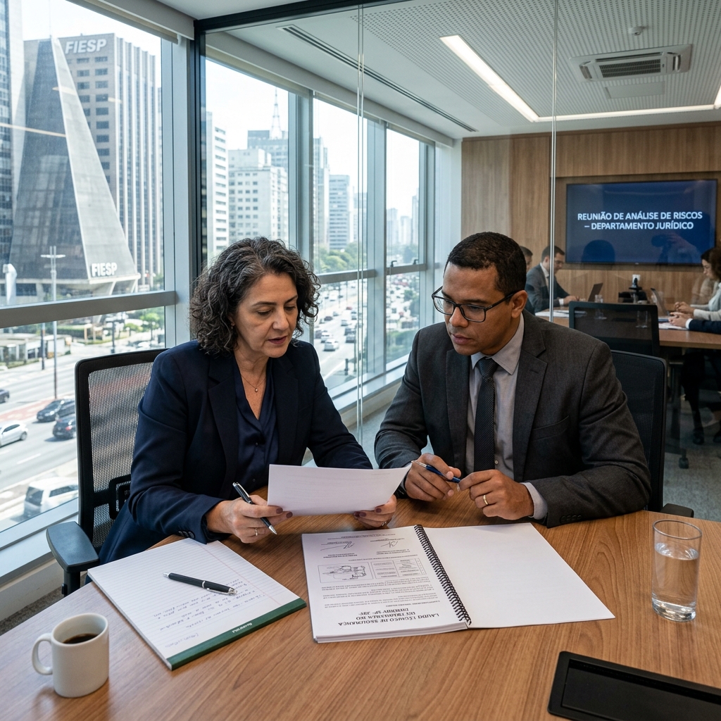 Advogada trabalhista brasileira sênior e perito judicial analisando acórdão do TST em sala de reunião corporativa.