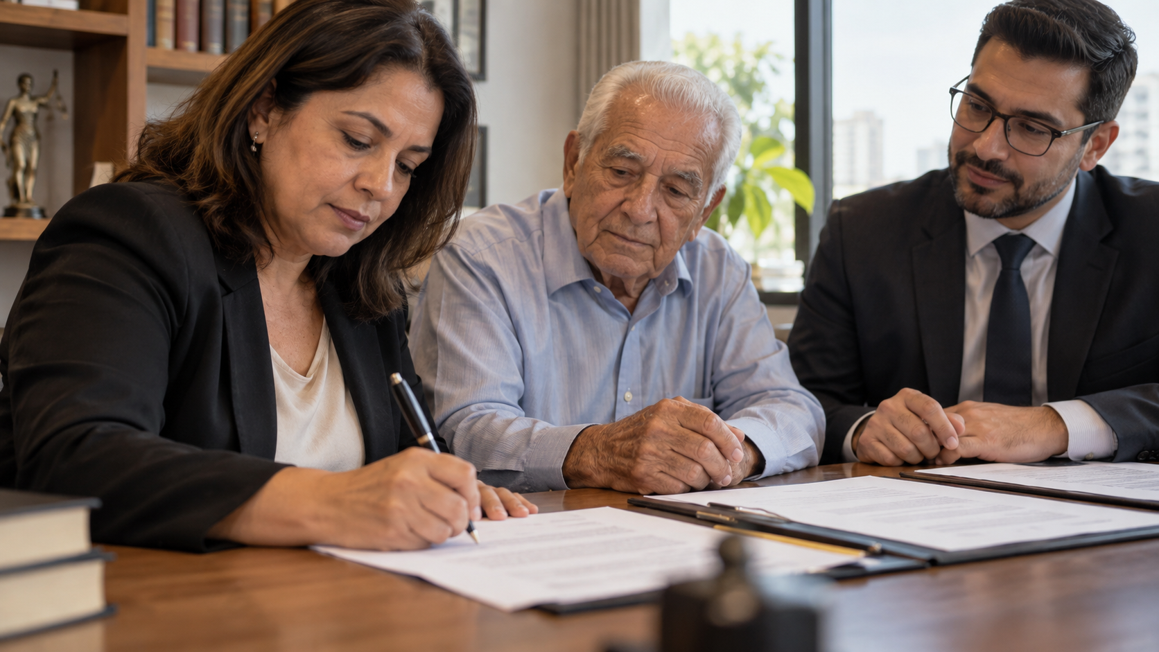 Pessoa assina contrato a rogo enquanto o contratante acompanha, com testemunha presente; imagem ilustrativa.