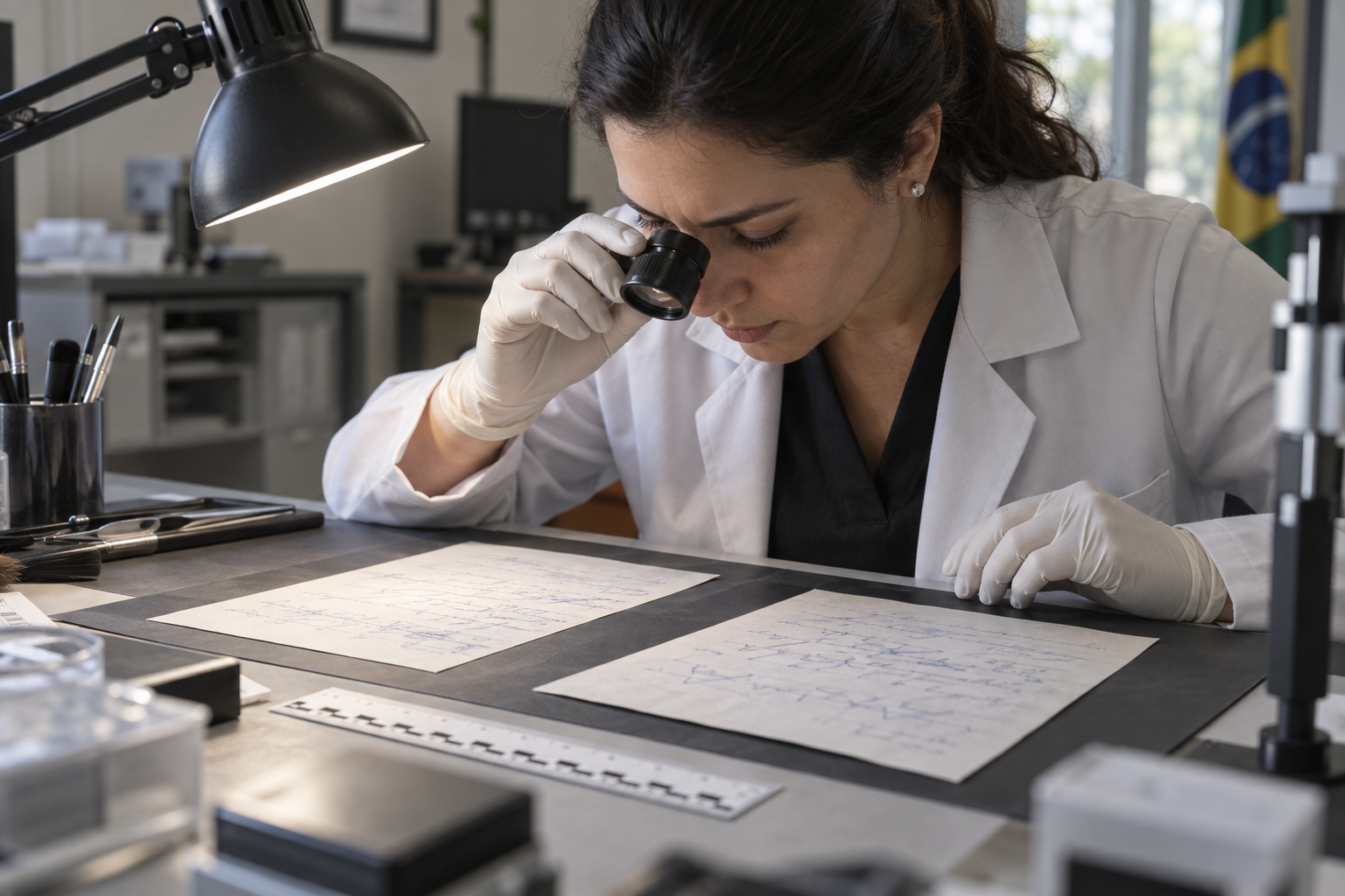 Assinatura a rogo, contratação digital e perícia grafotécnica: o que o exame pode esclarecer 1 Perita grafotécnica examina padrões manuscritos em documentos.