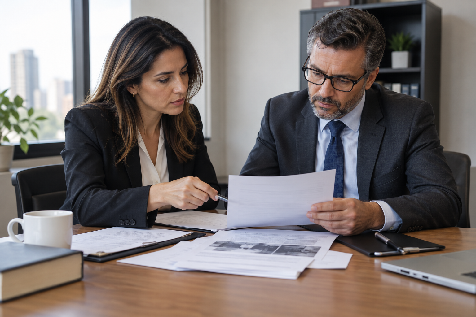 Assinatura a rogo, contratação digital e perícia grafotécnica: o que o exame pode esclarecer 5 Advogada e perito revisam documentos em reunião técnica.