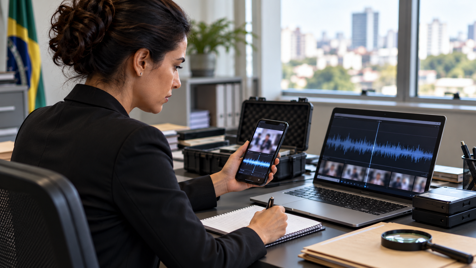 Perita analisa um smartphone e registra observações diante de um notebook em escritório.