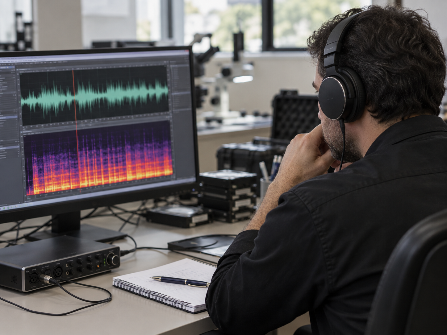 Deepfake eleitoral: o que a perícia digital pode comprovar? 2 Perito analisa uma forma de onda e um espectrograma com fones de ouvido